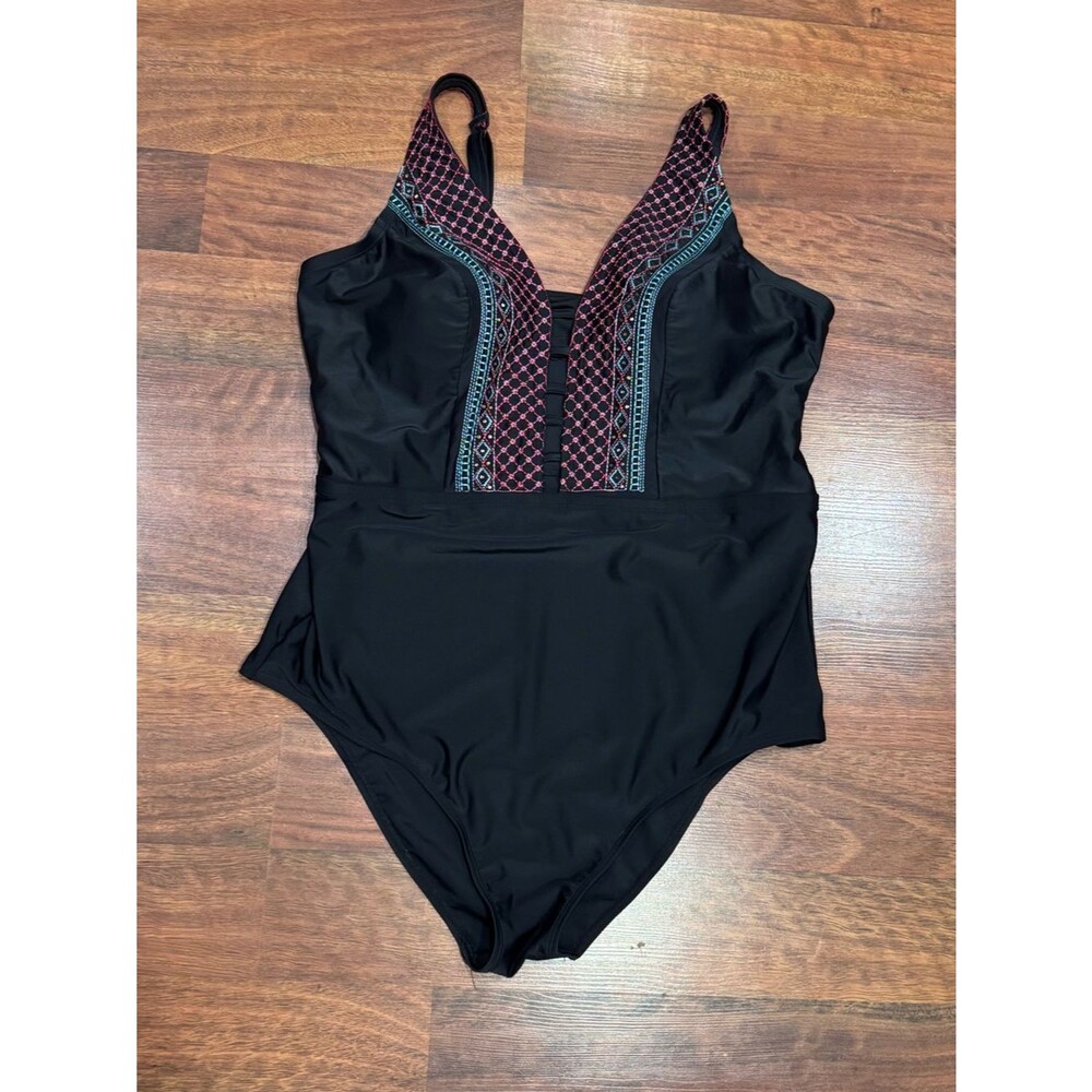 Costa Del Sol - Black One-Piece Swimsuit with Pink and Teal Embroidered V-Neck